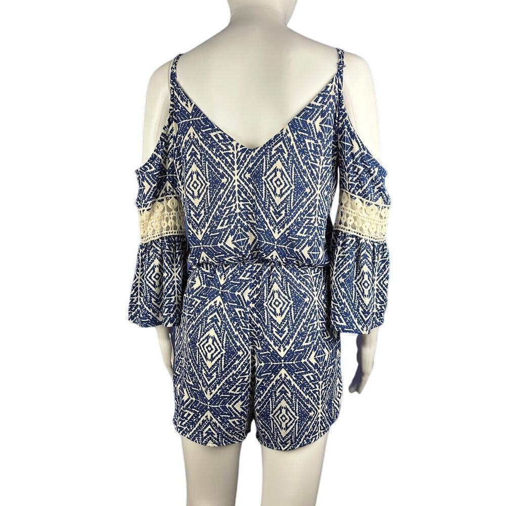 City Triangles Boho Romper Small Off Shoulder Blue Ivory Crochet Festival NWT - Picture 2 of 11